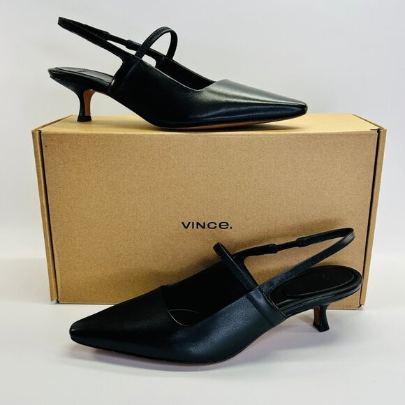 Vince Venice Slingback Kitten Heel Size 7.5M Black Leather Pointed Toe Pump